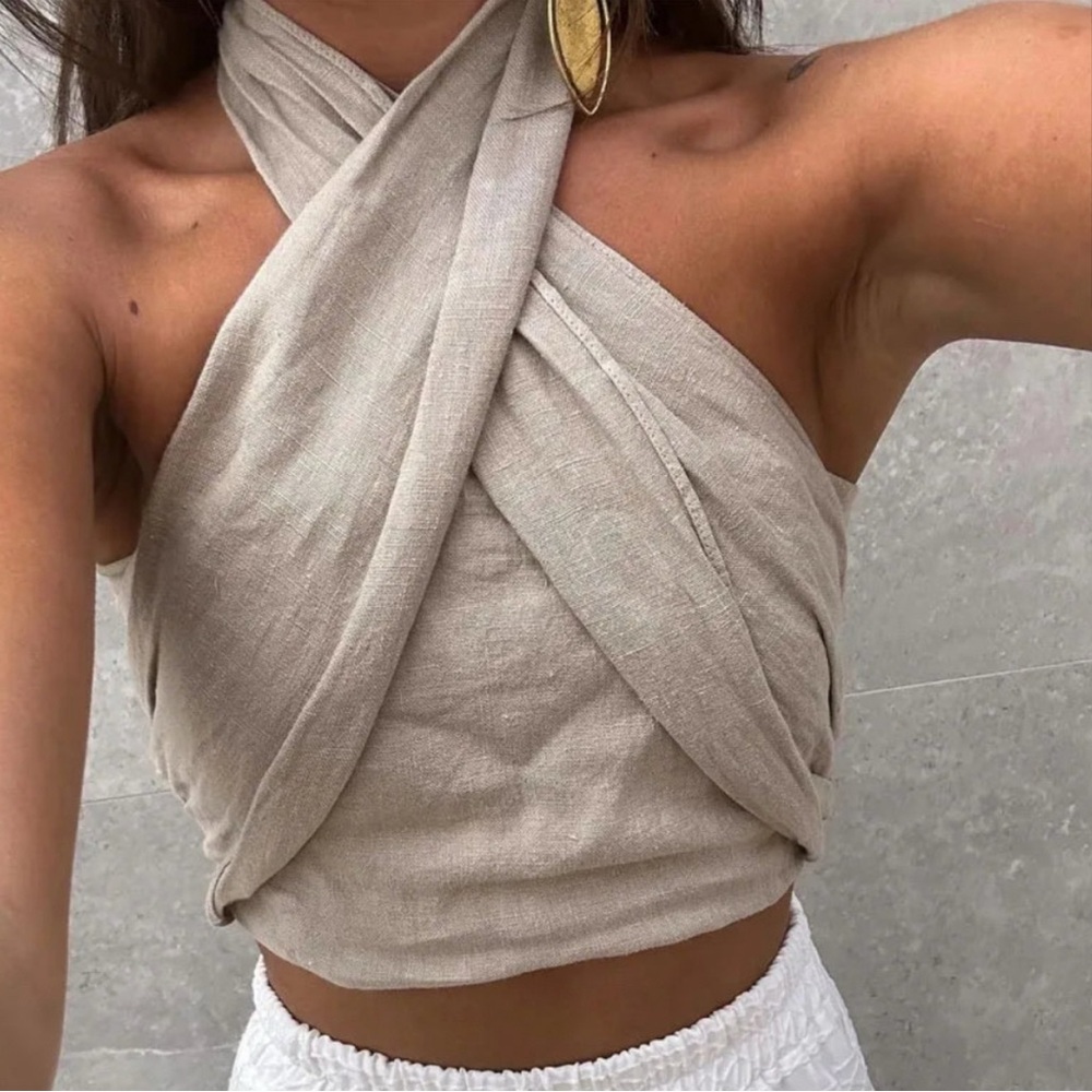 Commense  khaki linen halter top.